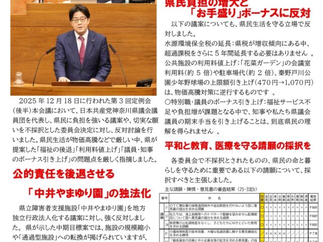 【やるき ほんき 木佐木】負担増と福祉切り捨てに「NO」! 本会議反対討論